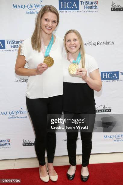 Hockey Olympians Lee Stecklein and Kendall Coyne attend the 17th annual Waiting for Wishes celebrity dinner at The Palm on April 24, 2018 in...