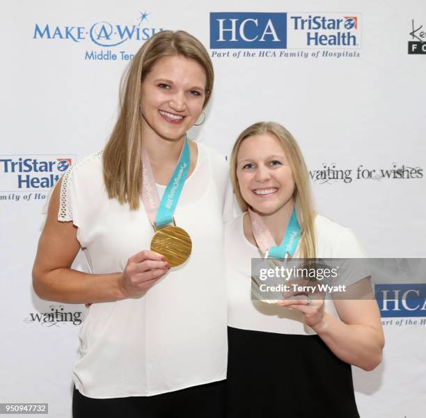 Hockey Olympians Lee Stecklein and Kendall Coyne attend the 17th annual Waiting for Wishes celebrity dinner at The Palm on April 24, 2018 in...