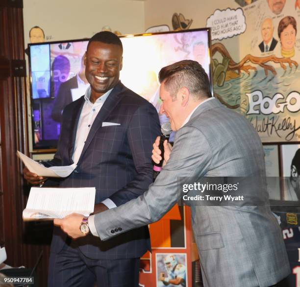 Hosts Kevin Carter and Jay DeMarcus speak onstage during the 17th annual Waiting for Wishes celebrity dinner at The Palm on April 24, 2018 in...