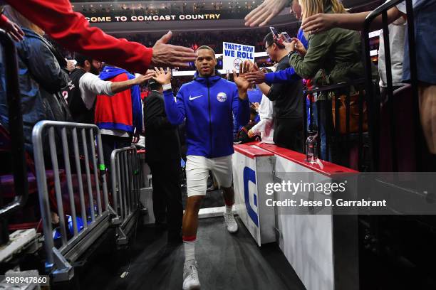 Justin Anderson of the Philadelphia 76ers heads to the locker room after the game against the Miami Heat in Game Five of Round One of the 2018 NBA...