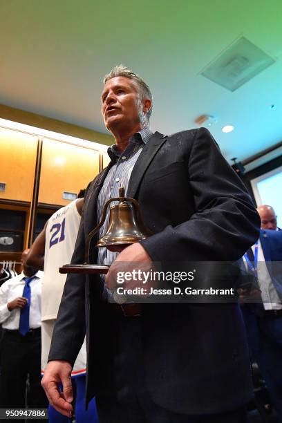 Head Coach Brett Brown of the Philadelphia 76ers speaks to the team after the game against the Miami Heat in Game Five of Round One of the 2018 NBA...