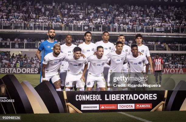 Players of Santos pose to the photographers before the match between Santos and Estudiantes as a part of Copa Libertadores 2018 at Vila Belmiro...