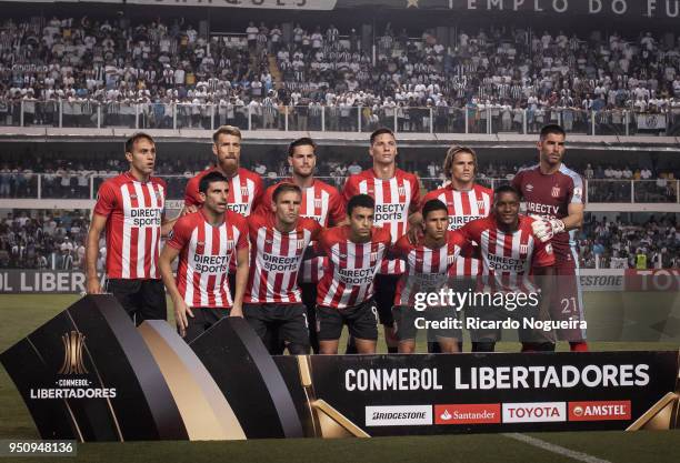 Players of Estudiantes pose to the photographers before the match between Santos and Estudiantes as a part of Copa Libertadores 2018 at Vila Belmiro...