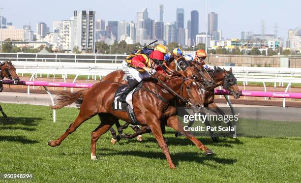 Vassilator ridden by Beau Mertens wins the ANZAC Day Stakes at Flemington Racecourse on April 25, 2018 in Flemington, Australia.