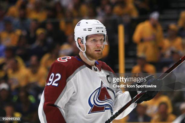 Colorado Avalanche left wing Gabriel Landeskog is shown during Game Five of Round One of the Stanley Cup Playoffs between the Colorado Avalanche and...