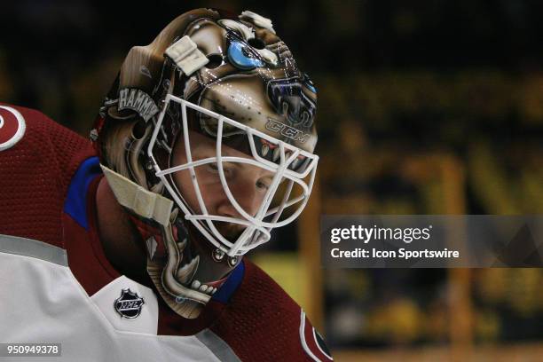 The artwork on the mask of Colorado Avalanche goalie Andrew Hammond is shown prior to Game Five of Round One of the Stanley Cup Playoffs between the...