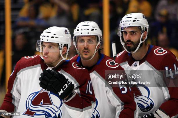 Colorado Avalanche left wing Sven Andrighetto , left wing Gabriel Bourque and defenseman Mark Barberio are shown during Game Five of Round One of the...