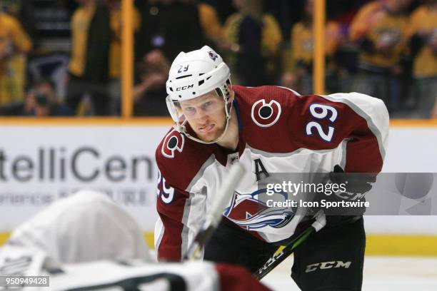 Colorado Avalanche center Nathan MacKinnon is shown during Game Five of Round One of the Stanley Cup Playoffs between the Colorado Avalanche and...