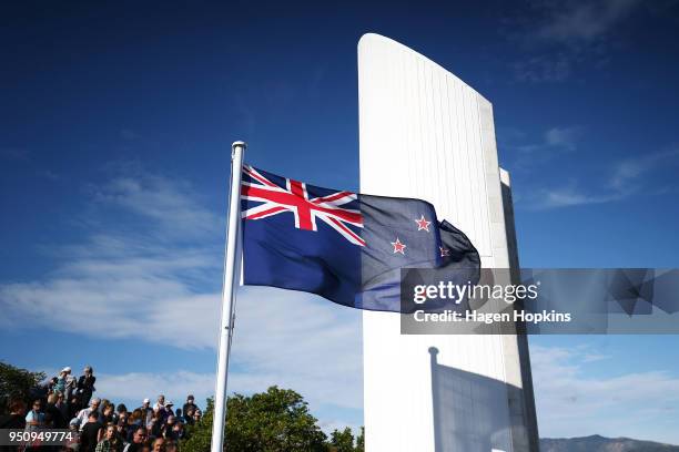 The New Zealand flag flies during the Ataturk Memorial Service at Ataturk Memorial on April 25, 2018 in Wellington, New Zealand. In 1916 the first...