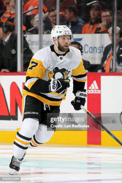 Bryan Rust of the Pittsburgh Penguins skates against the Philadelphia Flyers in Game Four of the Eastern Conference First Round during the 2018 NHL...