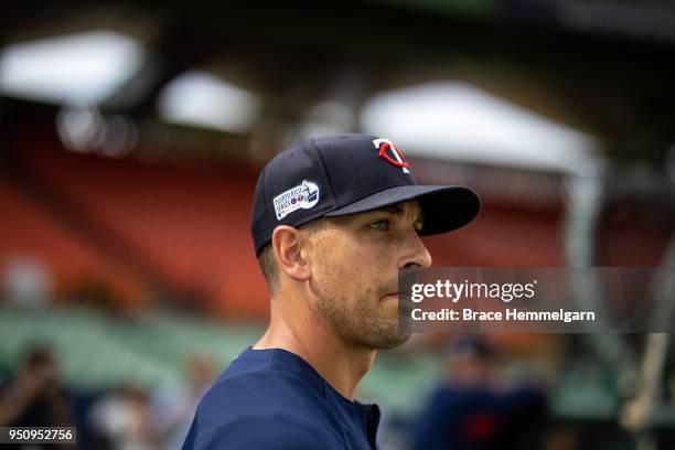Jason Castro of the Minnesota Twins looks on prior to the game against the Cleveland Indians at Hiram Bithorn Stadium on Tuesday, April 17, 2018 in...