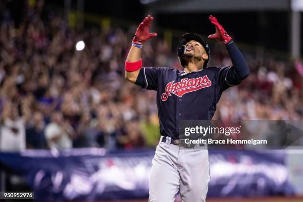 Francisco Lindor of the Cleveland Indians celebrates his home run against the Minnesota Twins at Hiram Bithorn Stadium on Tuesday, April 17, 2018 in...