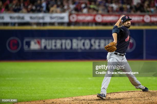 Andrew Miller of the Cleveland Indians pitches against the Minnesota Twins at Hiram Bithorn Stadium on Tuesday, April 17, 2018 in San Juan, Puerto...