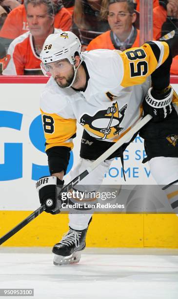 Kris Letang of the Pittsburgh Penguins looks on against the Philadelphia Flyers in Game Four of the Eastern Conference First Round during the 2018...