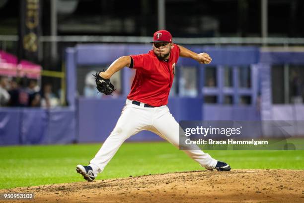 Gabriel Moya of the Minnesota Twins pitches against the Cleveland Indians at Hiram Bithorn Stadium on Tuesday, April 17, 2018 in San Juan, Puerto...