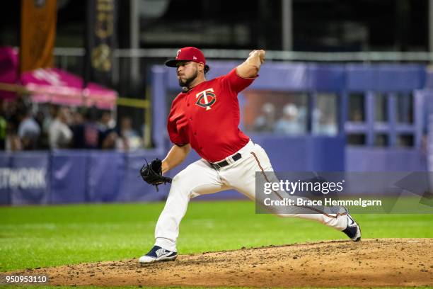 Gabriel Moya of the Minnesota Twins pitches against the Cleveland Indians at Hiram Bithorn Stadium on Tuesday, April 17, 2018 in San Juan, Puerto...