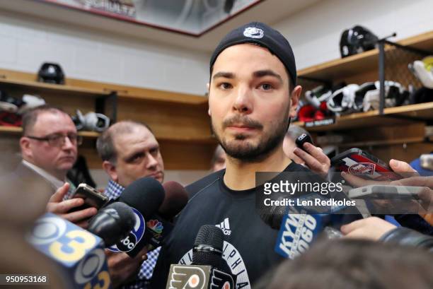 Michal Neuvirth of the Philadelphia Flyers speaks to the media after being defeated 5-0 by the Pittsburgh Penguins in Game Four of the Eastern...