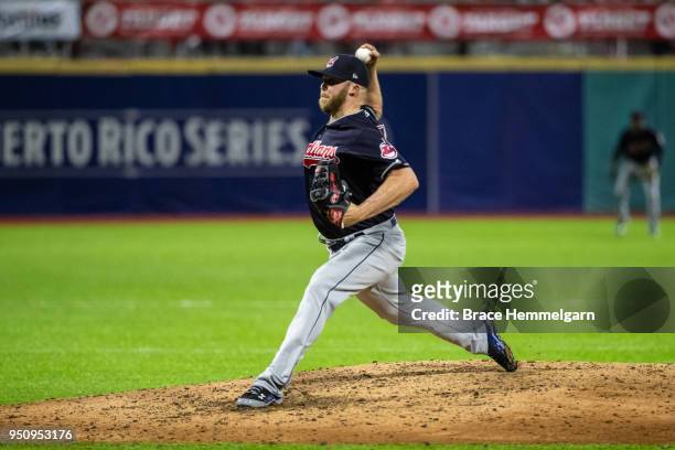 Cody Allen of the Cleveland Indians pitches against the Minnesota Twins at Hiram Bithorn Stadium on Tuesday, April 17, 2018 in San Juan, Puerto Rico....