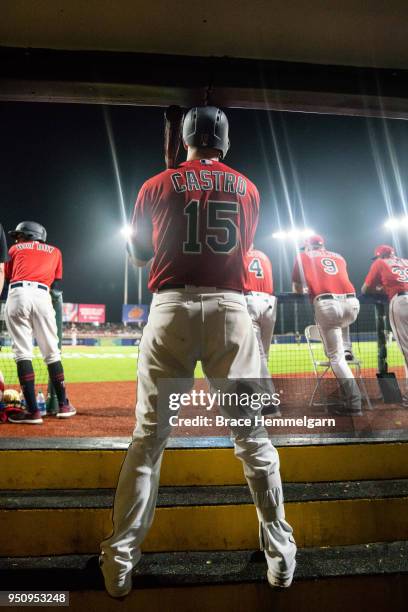 Jason Castro of the Minnesota Twins looks on against the Cleveland Indians at Hiram Bithorn Stadium on Tuesday, April 17, 2018 in San Juan, Puerto...