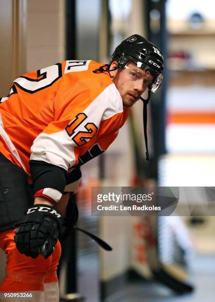 Michael Raffl of the Philadelphia Flyers prepares for warm-ups outside the locker room prior to playing the Pittsburgh Penguins in Game Four of the...
