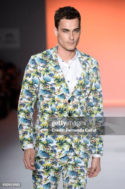 Model walks at Amir Slama Runway at SPFW N45 Summer 2019 at Ibirapuera's Bienal Pavilion on April 24, 2018 in Sao Paulo, Brazil.