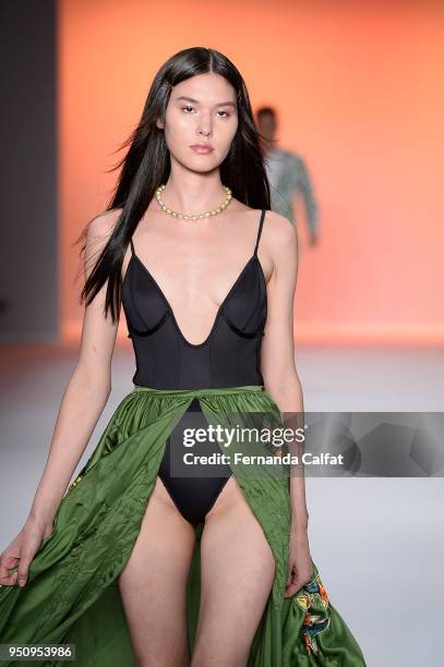 Model walks at Amir Slama Runway at SPFW N45 Summer 2019 at Ibirapuera's Bienal Pavilion on April 24, 2018 in Sao Paulo, Brazil.