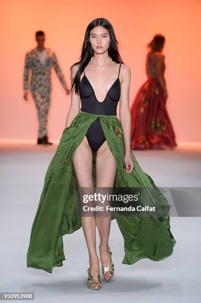 Model walks at Amir Slama Runway at SPFW N45 Summer 2019 at Ibirapuera's Bienal Pavilion on April 24, 2018 in Sao Paulo, Brazil.