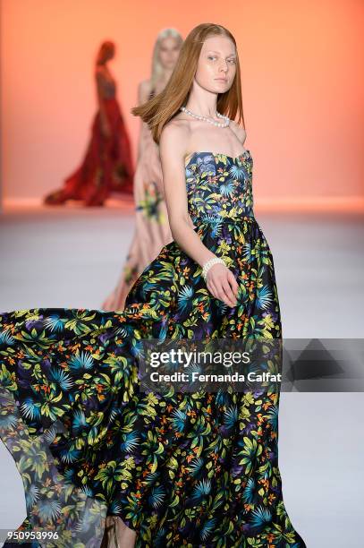 Model walks at Amir Slama Runway at SPFW N45 Summer 2019 at Ibirapuera's Bienal Pavilion on April 24, 2018 in Sao Paulo, Brazil.