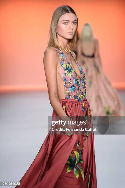 Model walks at Amir Slama Runway at SPFW N45 Summer 2019 at Ibirapuera's Bienal Pavilion on April 24, 2018 in Sao Paulo, Brazil.