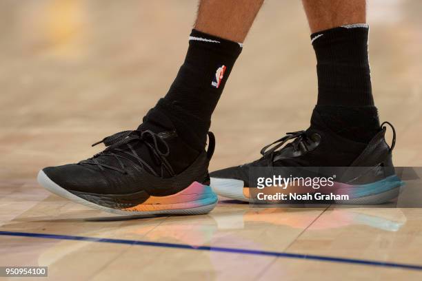 The sneakers worn by Patty Mills of the San Antonio Spurs are seen against the Golden State Warriors in Game Five of Round One of the 2018 NBA...