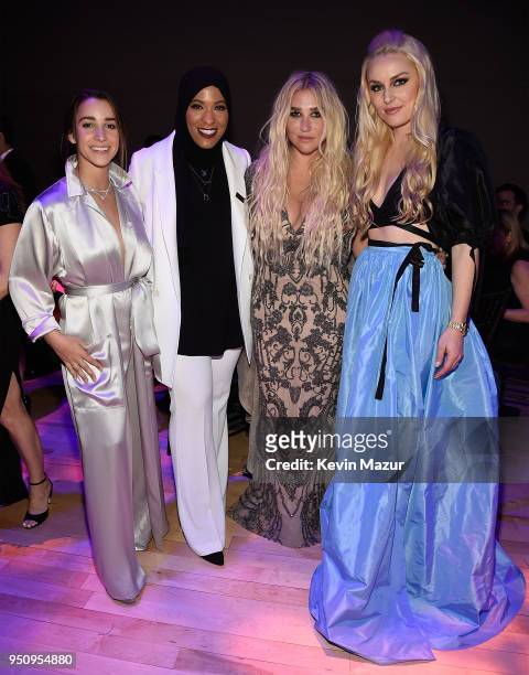 Aly Raisman, Olympic Fencer Ibtihaj Muhammad, Kesha and Lindsey Vonn attend the 2018 Time 100 Gala at Jazz at Lincoln Center on April 24, 2018 in New...