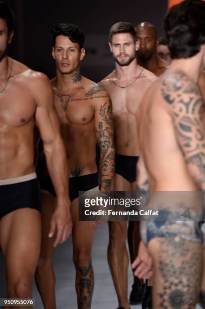 Models walk at Amir Slama Runway at SPFW N45 Summer 2019 at Ibirapuera's Bienal Pavilion on April 24, 2018 in Sao Paulo, Brazil.