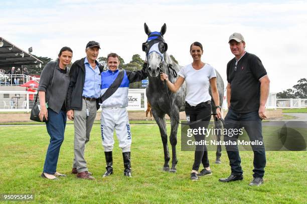 Connections of Our Girl Silke with Brian Park after winning the StrathAyr Maiden Plate at Moe Racecourse on April 25, 2018 in Moe, Australia.