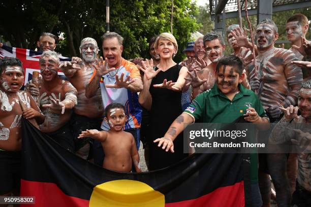 Australian Minister for Foreign Affairs, Julie Bishop poses with The Glen Dancers in Australian Light Horse Brigade uniform prior to the Coloured...