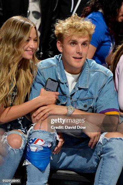 Jake Paul and Erika Costell during the game between the Philadelphia 76ers and the Miami Heat in Game Five of Round One of the 2018 NBA Playoffs on...