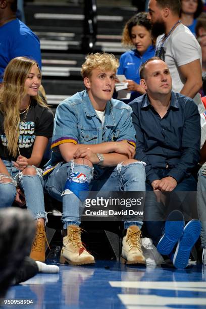 Michael Rubin, Jake Paul and Erika Costell during the game between the Philadelphia 76ers and the Miami Heat in Game Five of Round One of the 2018...