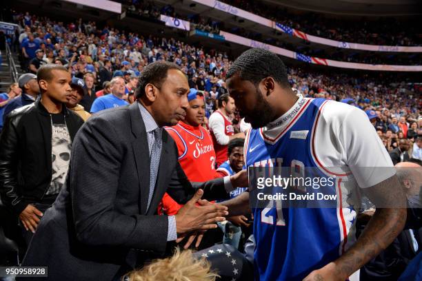 Stephen A. Smith and Meek Mill during the game between the Philadelphia 76ers and the Miami Heat in Game Five of Round One of the 2018 NBA Playoffs...