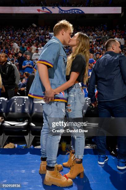 Jake Paul and Erika Costell during the game between the Philadelphia 76ers and the Miami Heat in Game Five of Round One of the 2018 NBA Playoffs on...