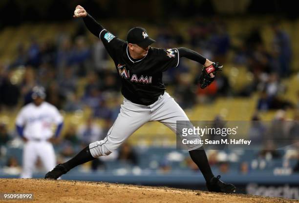 Brad Ziegler of the Miami Marlins pitches during the ninth inning of a game against the Los Angeles Dodgers at Dodger Stadium on April 24, 2018 in...
