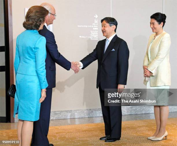King Carl XVI Gustaf of Sweden and Queen Silvia of Sweden welcome Crown Prince Naruhito and Crown Princess Masako prior to their luncheon on April...
