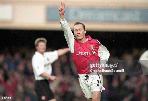 Lee Dixon of Arsenal celebrates his goal during the FA Carling Premier League match against Sunderland played at Highbury in London. The game ended...