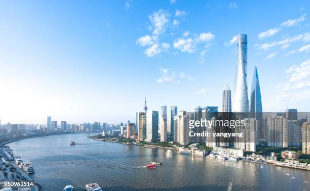 panoramic skyline of shanghai - shanghai stockfoto's en -beelden