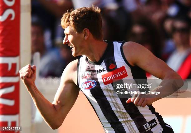 Will Hoskin-Elliott of the Magpies celebrates a goal during the round five AFL match between the Collingwood Magpies and the Essendon Bombvers at...