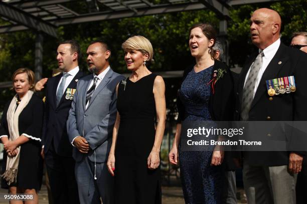 Australian Minister for Foreign Affairs, Julie Bishop sings the Australian National Anthem prior to the Coloured Diggers March on April 25, 2018 in...