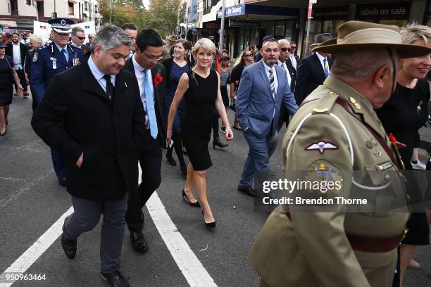 Australian Minister for Foreign Affairs, Julie Bishop marches during the Coloured Diggers March on April 25, 2018 in Sydney, Australia. The annual...