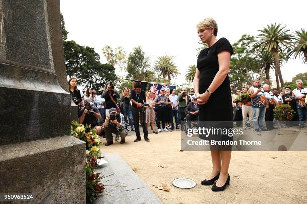 Tanya Plibersek lays a wreath at the Redfern Park World War Memorial during the Coloured Diggers March on April 25, 2018 in Sydney, Australia. The...