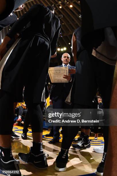 Ettore Messina interim head coach of the San Antonio Spurs talks to his team during the game against the Golden State Warriors in Game Five of Round...