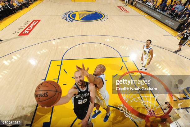 Manu Ginobili of the San Antonio Spurs shoots the ball against the Golden State Warriors in Game Five of Round One of the 2018 NBA Playoffs on April...