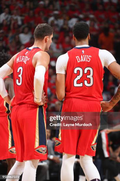 Nikola Mirotic of the New Orleans Pelicans and Anthony Davis of the New Orleans Pelicans seen on the court during the game against the Portland Trail...