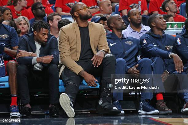 The New Orleans Pelicans bench seen during the game against the Portland Trail Blazers in Game Four of Round One of the 2018 NBA Playoffs on April...